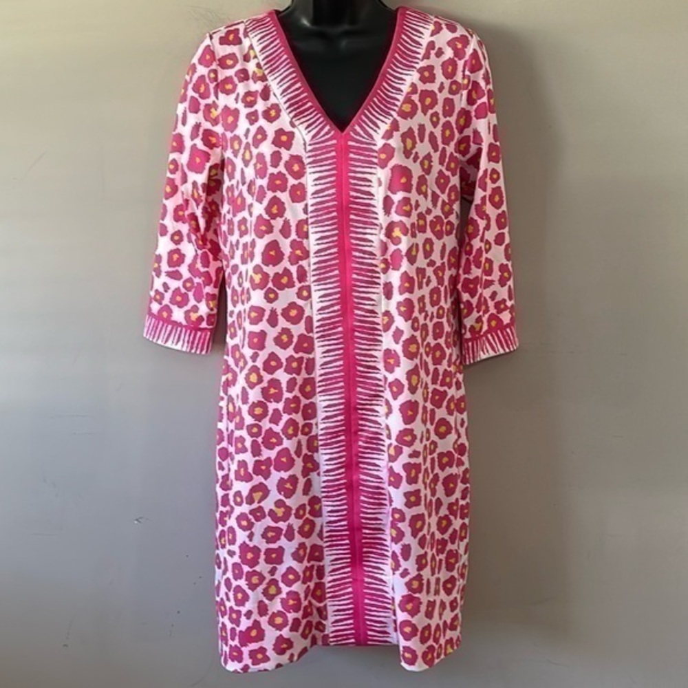 Gretchen Scott Womens Bordertown Dress Size medium Wildcat Print Sheath Pink